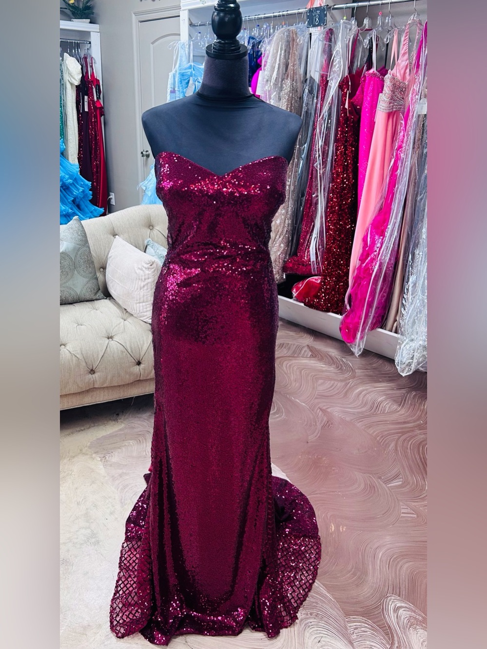 Stellah Strapless Sequin Gown - Wine Red